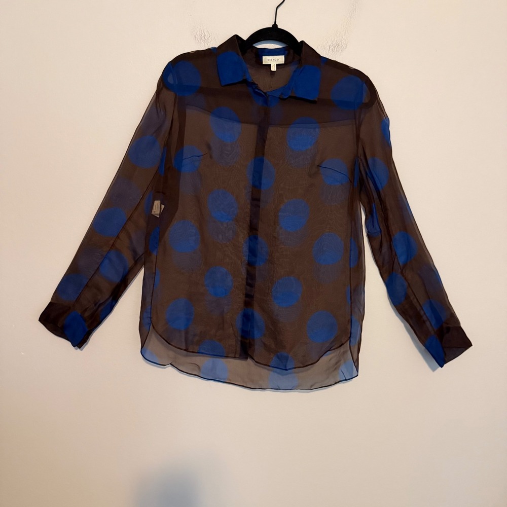 Delpozo Silk Organza blouse polka dot brown blue 40 designer classic sheer